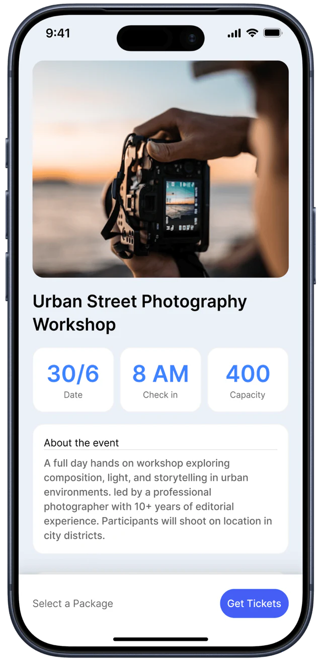 PopEvent mobile event page showing date, venue, capacity, and ticket call to action