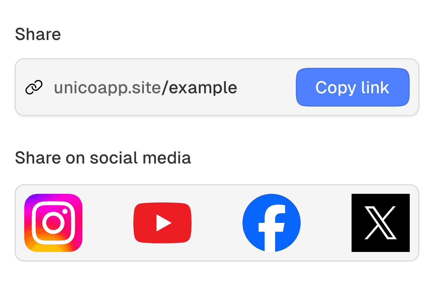 Unico sharing interface with storefront link and social channels